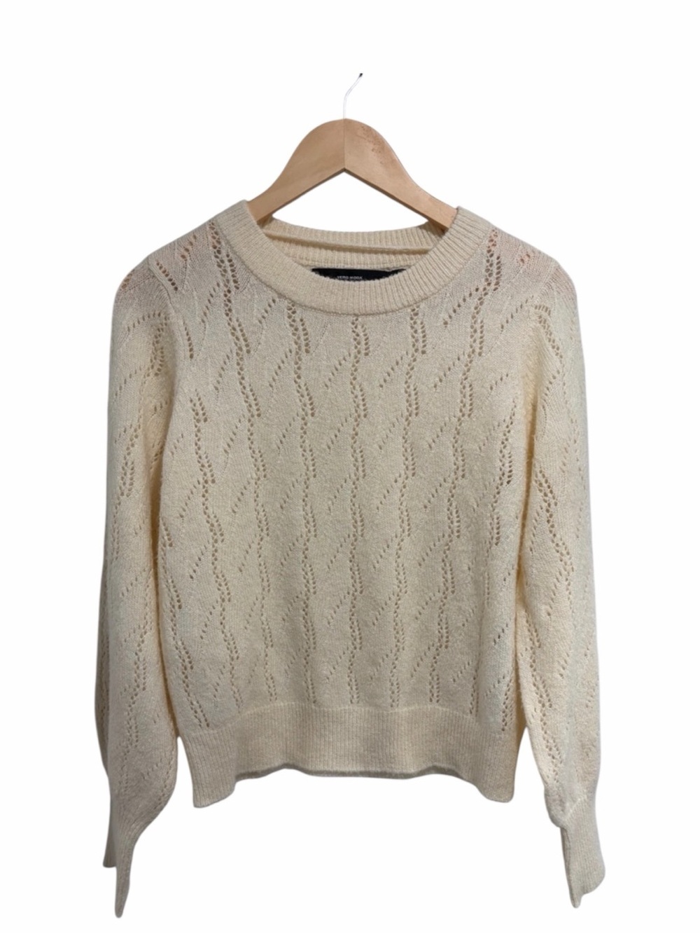 Vero Moda Wonen’s Cream Long Sleeve Open-Knit Crewneck Sweater Medium